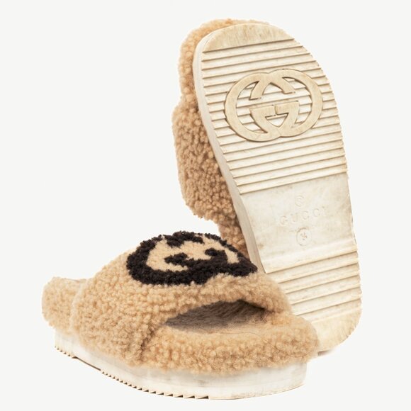 Gucci Beige Merino-Wool Faux-Shearling Interlocking-GG Slide Sandals - Picture 5 of 11